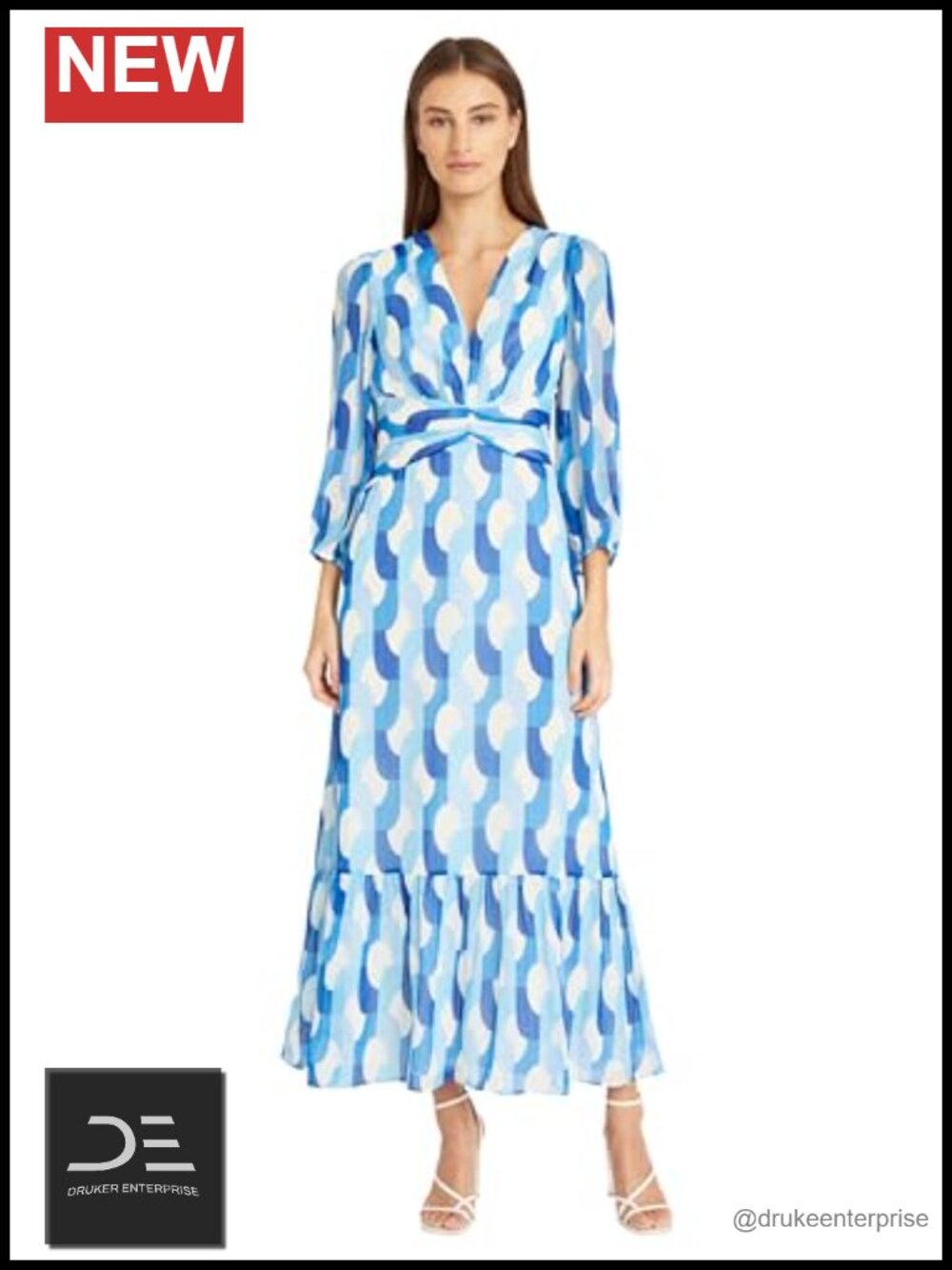 V-Neck Empire Waistband Maxi Dress 3/4 Puff Sleeves